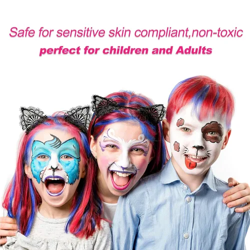 Vista 7 de Maydear Kit de pintura facial para niños, paleta de maquillaje a base de agua de 20 colores con plantillas, purpurina, pastel dividido de arcoíris