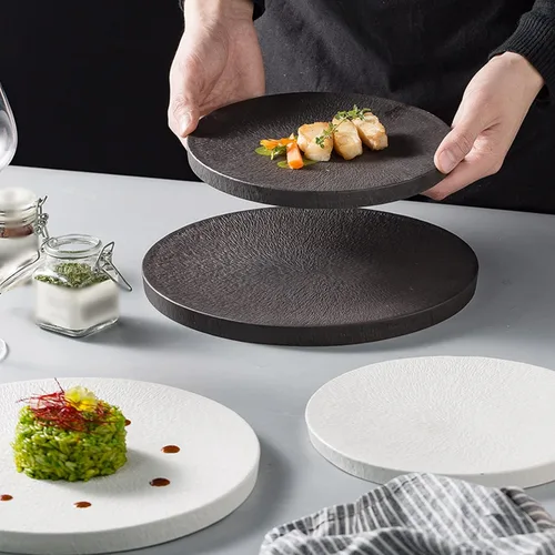 Vista 6 de Plato de servicio creativo para carne, plato de comida occidental, plato de comedor para el hogar, plato comercial para el hogar, restaurante Negro