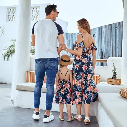 Vista 6 de Mumetaz Trajes familiares a juego para mamá y yo, vestidos con estampado floral, hombros descubiertos, cuello en V, volantes, ropa sin espalda