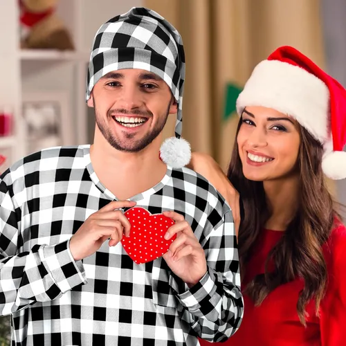 Vista 6 de Conjunto de camisa de dormir y gorro de dormir de manga larga para hombre con diseño de cuadros navideños y gorro de dormir con pompones