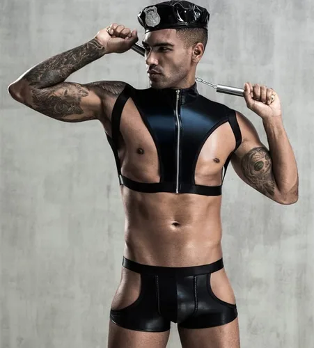 Vista 4 de Munyee Hua Conjunto de disfraz sexy para hombre, overol de león, uniforme de policía, negro