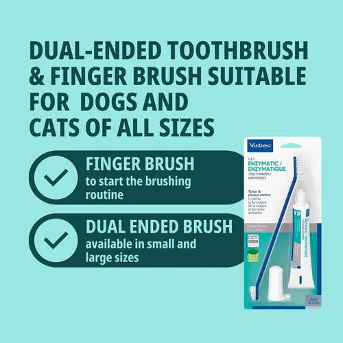 Vista 6 de Virbac C.E.T. Kit de higiene bucal para gatos y perros Juego de 3 piezas con cepillo de dientes de doble extremo, cepillo de dedos y sabor a aves