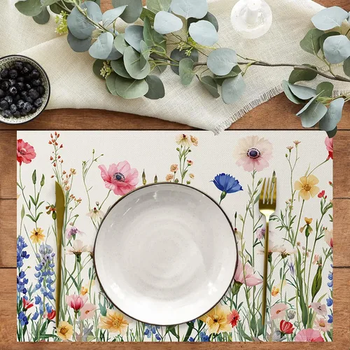 Vista 8 de AOFOTO Juego de 4 manteles individuales con estampado de flores silvestres coloridas, manteles individuales artísticos rectangulares modernos