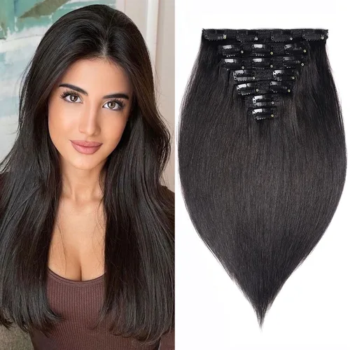 Vista 10 de Extensiones de cabello humano con clip de 14 pulgadas, 4.33 oz, 7 piezas, 16 clips, color marrón chocolate, doble trama, extensiones de cabello Remy