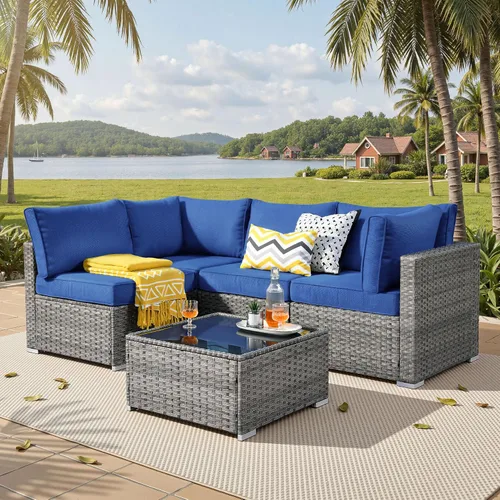 Vista 32 de ovios Juego de muebles de patio al aire libre de 5 piezas con mesa de café, conjunto seccional de muebles de patio con sofá de mimbre para todo tipo