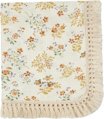 Vista 13 de Manta de muselina de algodón insular para bebé con borla, manta de muselina boho bohemia para bebé con borla, manta de recepción para bebé