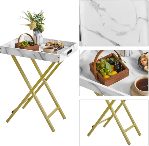 Vista 6 de IBUYKE Juego de 2 bandejas plegables para TV, mesa auxiliar con bandeja extraíble para servir alimentos, mesa portátil de madera para sala de estar