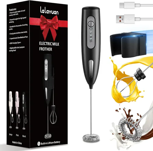 Vista 13 de Espumador de leche eléctrico, ajuste de tres velocidades, licuadora de mano inalámbrica recargable por USB con soporte adhesivo incluido, batidor