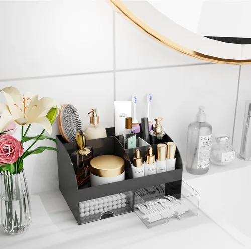 Vista 5 de Organizador de maquillaje con cajones, almacenamiento de cosméticos para tocador y encimera de baño, soporte de belleza para lápiz labial y brochas