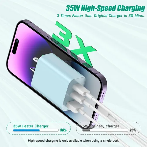 Vista 3 de Paquete de 2 bloques de cargador para iPhone 17, bloque de cargador USB C de 35 W y 3 puertos de carga rápida, enchufe de pared multipuerto USB C