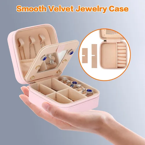 Vista 5 de Joyero pequeño organizador de viaje con espejo, regalos de moda para mujeres y adolescentes, estuche de viaje portátil de doble capa, cajas
