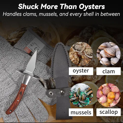 Vista 4 de Cuchillo de ostras, kit de shucker de ostras, cuchillo de shucking de ostras con mango de madera cómodo, cuchillos de ostras resistentes y afilados