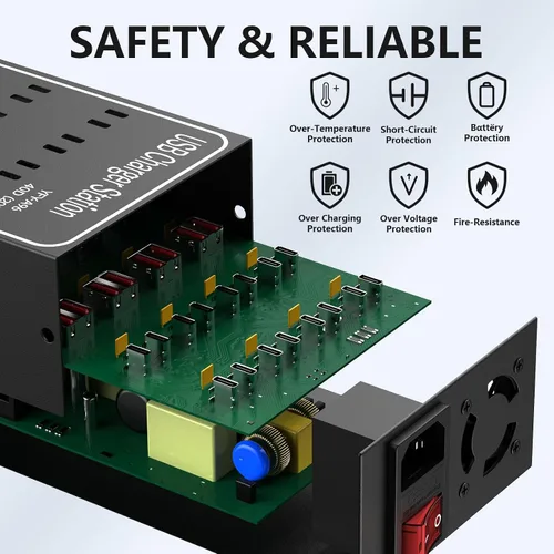 Vista 7 de Estación de Carga USB Múltiple, RUANSZZ 40 Puertos 200 Vatios (40A) Bloque Cargador USB-C con Interruptor de Alimentación, Estación de Carga
