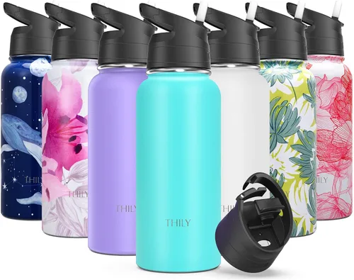 Vista 7 de THILY - Botella de agua deportiva aislada al vacío – Botella de agua de acero inoxidable de 32 onzas a prueba de fugas de boca ancha con tapa Mar