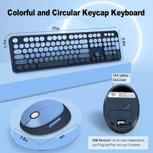 Vista 7 de Combo de teclado y mouse inalámbricos, teclas redondas retro, lindo teclado de tamaño completo, conexión sin abandono de 2.4 GHz y mouse óptico