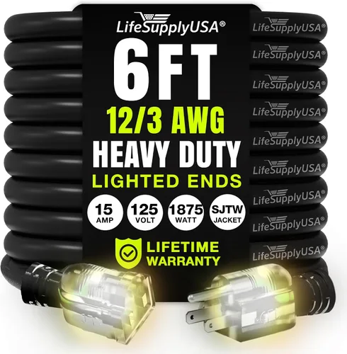 Vista 95 de Cable de extensión SJT de 12/3 300 V con luz LED para uso en interiores y exteriores con enchufe con iluminación LED Amarillo