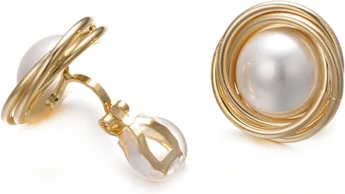 Vista 20 de Yoursfs Aretes de clip de perlas blancas grandes para mujer, chapados en oro de 18 quilates, hipoalergénicos, sin perforaciones, joyería brillante