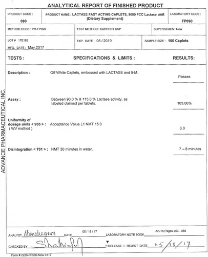 Vista 5 de Lactasa de acción rápida de alivio lácteo 180 cápsulas 9000 unidades FCC por comprimido Intolerancia a la lactosa, alivio de molestias digestivas