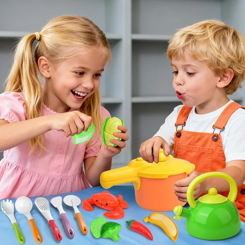 Vista 7 de Juego de cocina para niños, 66 juguetes de cocina para niños pequeños con ollas y sartenes, alimentos, utensilios, utensilios de cocina, juego