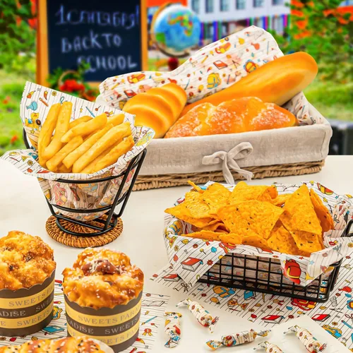 Vista 5 de 100 piezas de hojas de papel encerado de regreso a la escuela para alimentos, papel encerado para envoltorios de sándwiches de comida, envoltorios