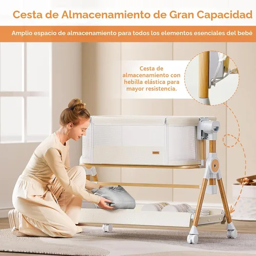Vista 6 de Moisés de bebé 3 en 1, moisés de cabecera/mecedora para bebé, cuna de cabecera con ruedas bloqueables, colchón impermeable, 6 alturas ajustables