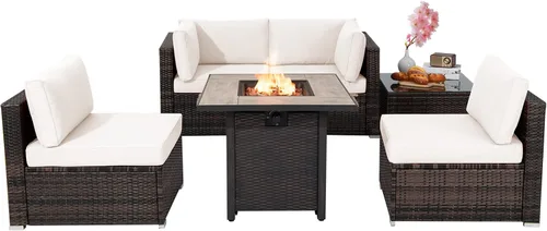 Vista 13 de Tangkula Patiojoy Juego de sofá de ratán para exteriores de 6 piezas con mesa de fuego de gas propano de 30 pulgadas, mesa de cerámica para fuego