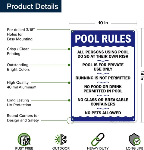 Vista 6 de Letrero de reglas de la piscina, «Swim at Your Own Risk, This is a Private Pool, No Food No Runing, No Glass, No Pets – Cartel de piscina, 10 x 14