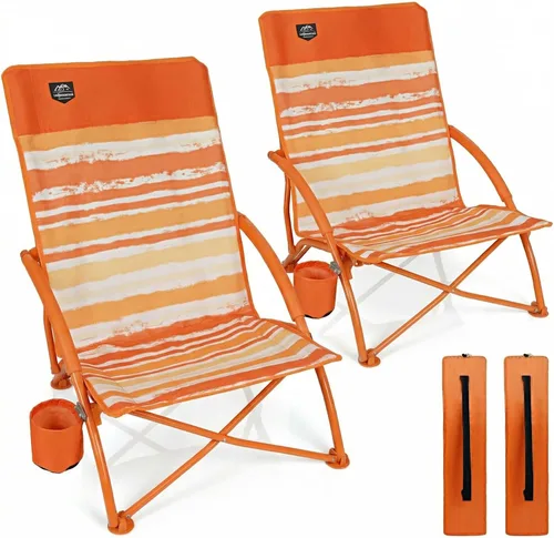 Vista 9 de Paquete de 2 sillas bajas de playa, sillas reclinables plegables para adultos, sillas de camping ligeras de asiento bajo con soporte para tazas, Azul