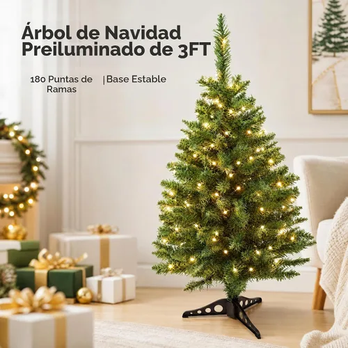 Vista 3 de Árbol de Navidad pequeño de 3 pies con luces, funciona con pilas Mini árbol de Navidad de mesa con base estable para el hogar, entrada, oficina