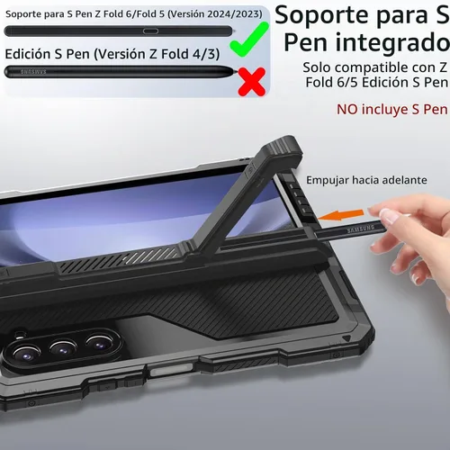 Vista 3 de Funda de metal para Samsung Galaxy Z Fold 5 con soporte para bolígrafo Fold5 S, resistente funda protectora de pantalla Z Fold 5, protector de Negro
