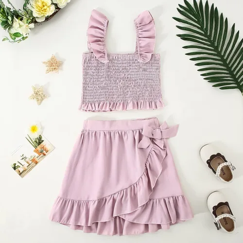 Vista 5 de CARETOO Conjunto de falda para niña, 2 piezas, vestido de verano sin mangas, parte superior con volantes, estampado floral, ropa para niños grandes
