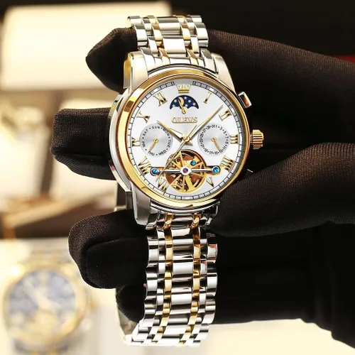 Vista 4 de OLEVS Relojes automáticos para hombre diseño de esqueleto Tourbillon cuerda automática de lujo a la moda reloj de pulsera fase lunar día fecha