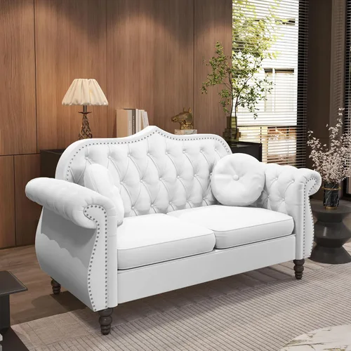 Vista 4 de AVZEAR Chesterfield - Juego de sofás seccional de 2 piezas para sala de estar, sofá tapizado en terciopelo moderno de mediados de siglo, sofá Blanco