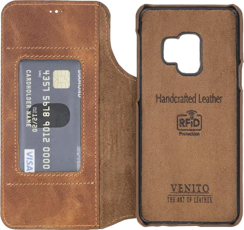 Vista 6 de Venito Venice - Funda delgada compatible con Galaxy S9 con soporte, cartera, cierre automático y función de bloqueo RFID (marrón antiguo)