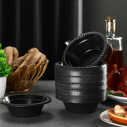 Vista 4 de Lallisa 160 cuencos de plástico desechables negros de 12 onzas, tazas de postre para Halloween, helado, aperitivos, ensalada, sopa, cuencos