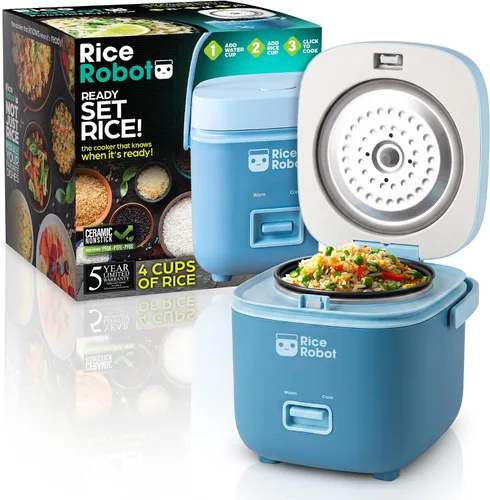 Vista 10 de Rice Robot - Arrocera personal, sin PFAS, antiadherente. Capacidad de 1 cuarto, con bandeja de vapor de acero inoxidable, tazas medidoras, libro