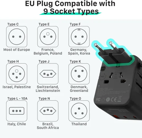 Vista 4 de Fosmon Adaptador de viaje universal PD&QC, 2AC/4USB-C/1USB-A