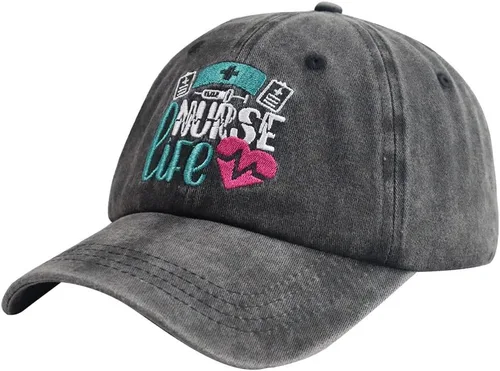 Vista 2 de Divertido sombrero de vida de enfermera para mujer, gorra de béisbol de algodón lavado ajustable bordado desgastado