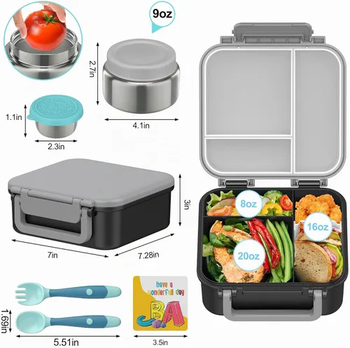 Vista 3 de Lonchera Bento para niños con contenedor térmico de sopa de 9 onzas, a prueba de fugas, 4 compartimentos con tarro de comida caliente aislado