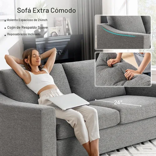Vista 3 de ELUCHANG Sofá moderno de gran tamaño de 85 pulgadas para sala de estar, sofá de 3 plazas de lino natural con asientos extra profundos, cojín de sofá