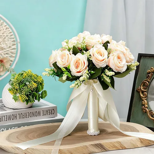 Vista 6 de CYANLUX Ramos de Bodas para Novia y Dama de Honor, Ramos de Champán, Rosas Artificiales Blancas para Bodas, San Valentín, Iglesia, Decoración