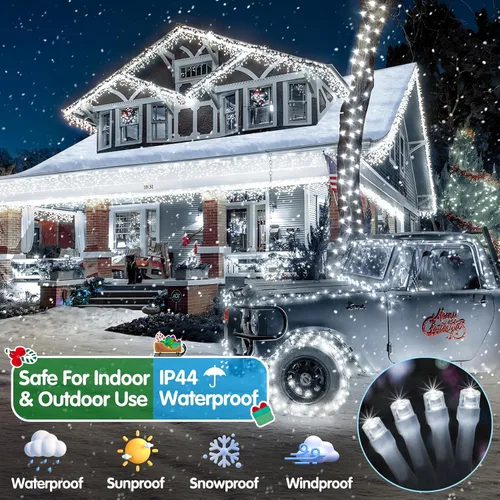 Vista 4 de Luces de Navidad para exteriores, 403 pies, 1000 luces LED, 8 modos y función de memoria con temporizador, luces de hadas parpadeantes, IP44, Blanco