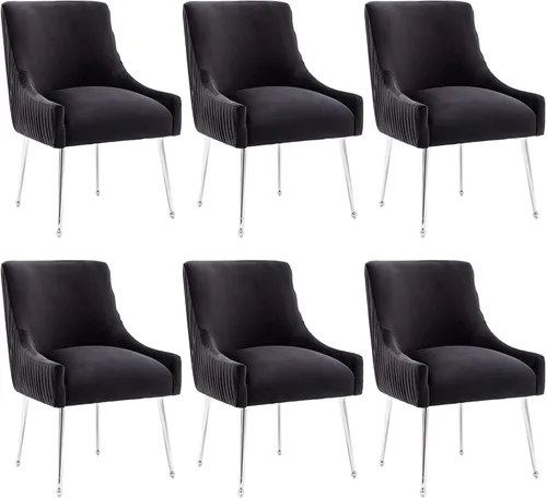 Vista 31 de Sillas de comedor de estilo moderno de terciopelo tapizado, silla de acento de tocador con barra vertical, silla capitonada con patas plateadas