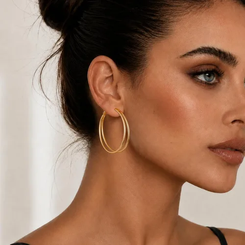 Vista 3 de Pendientes de aro dobles para mujer de moda con poste de plata de Dorado
