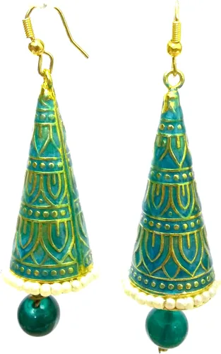 Vista 2 de DESI HAWKER Meenakari Minakari - Pendientes pintados a mano Bali Jhumki Jhumka Joyería colgantes de largo cono NI-293