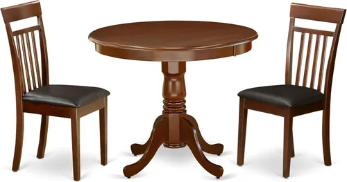 Vista 8 de East West Furniture AANCA5-MAH-W Juego de mesa de comedor de 5 piezas incluye una mesa de cocina redonda con pedestal y 4 sillas de comedor, 36 x 36