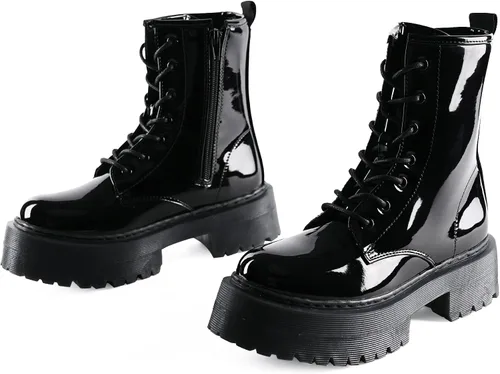 Vista 4 de READYSALTED Botines negros de tacón bajo con plataforma gruesa para mujer llave