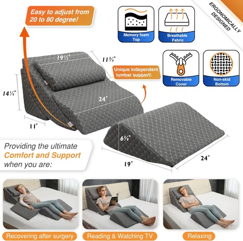 Vista 2 de Juego de almohada ortopédica ajustable de cuña para cama poscirugía, almohada de cuña de espuma viscoelástica para aliviar el dolor de espalda