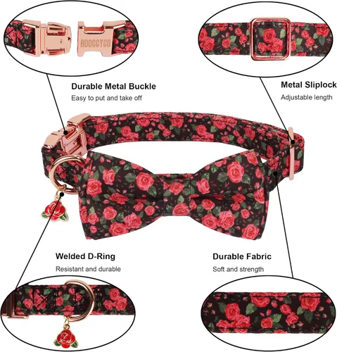 Vista 4 de ADOGGYGO Collar de perro floral con lazo, hebilla de metal, collar ajustable con lazo floral de rosa roja para perros extra pequeños (XS)