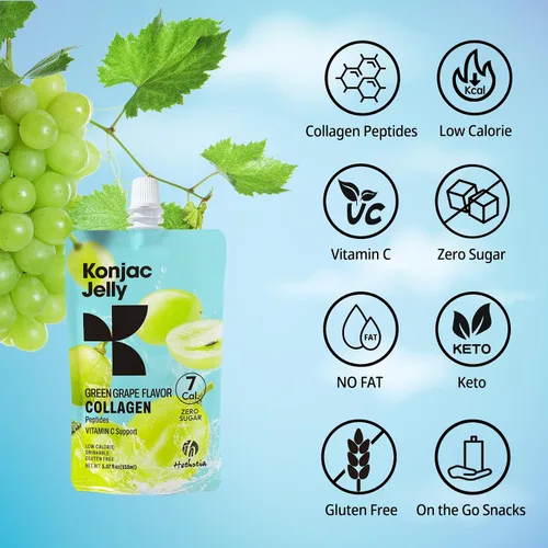 Vista 2 de Hethstia Konjac Jelly sabor a uva verde, 10 bolsas, gelatina de uva bebible con péptidos de colágeno, 7 Kcal, sin azúcar, sin gluten, keto, vegano